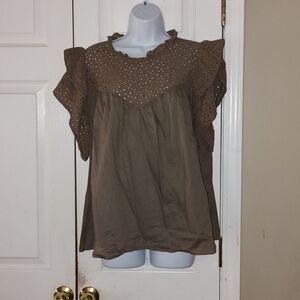 A New Day light brown  eyelet blouse top  Sz XXL